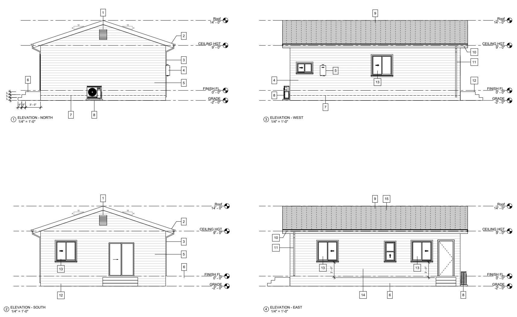 North, west, south and east elevations