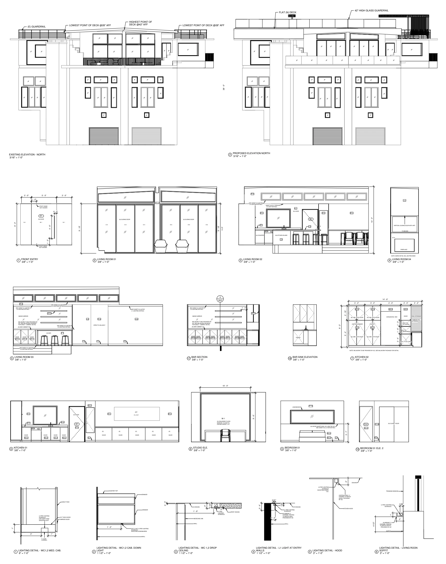 Architectural elevations, interior drawings and lighting details