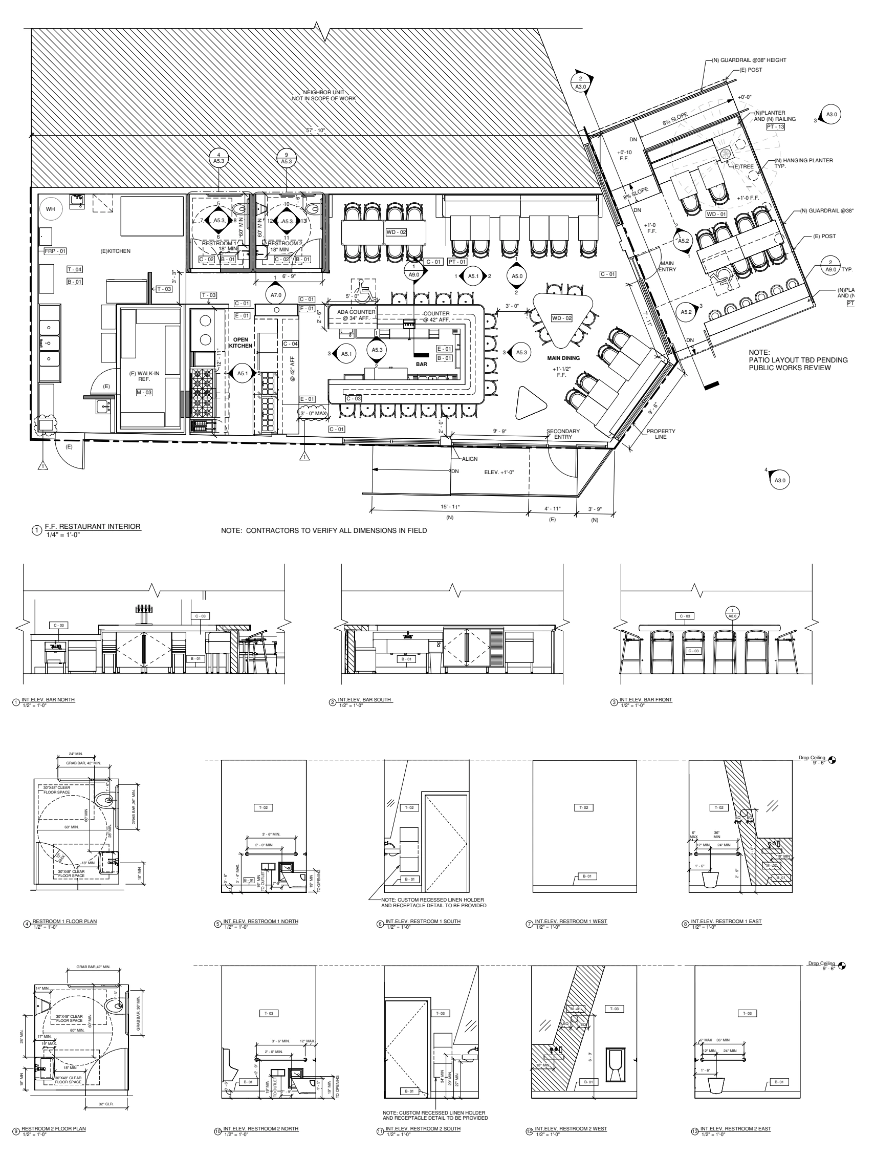 Architectural plan and interior elevations